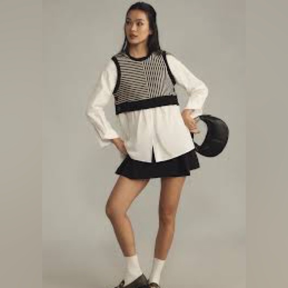 Anthropologie Maeve Long-Sleeve Linen Twofer Sweater Vest Top - Picture 9 of 9